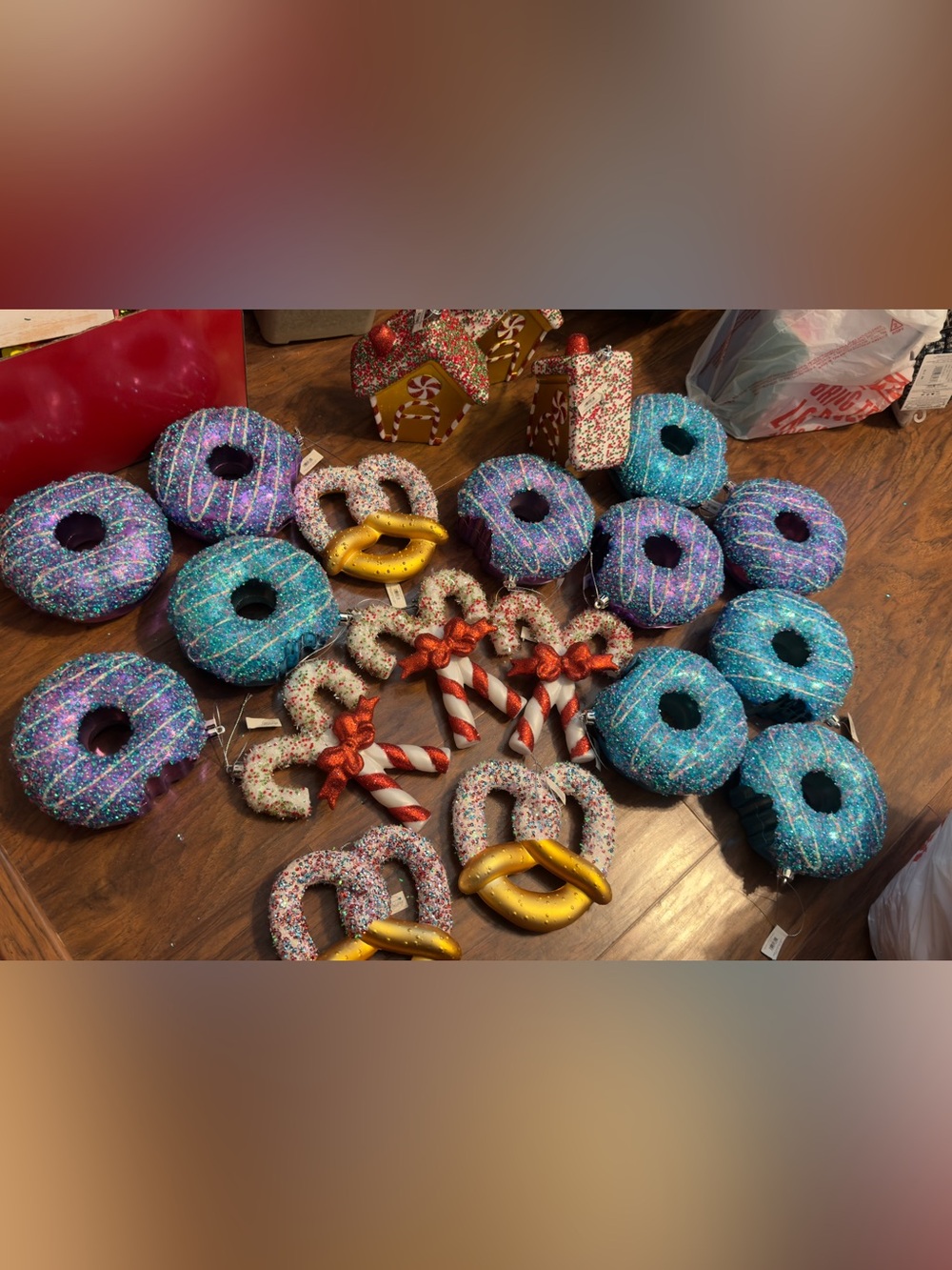 Festive Blue & Purple Glitter Donut and Candy Ornament Set